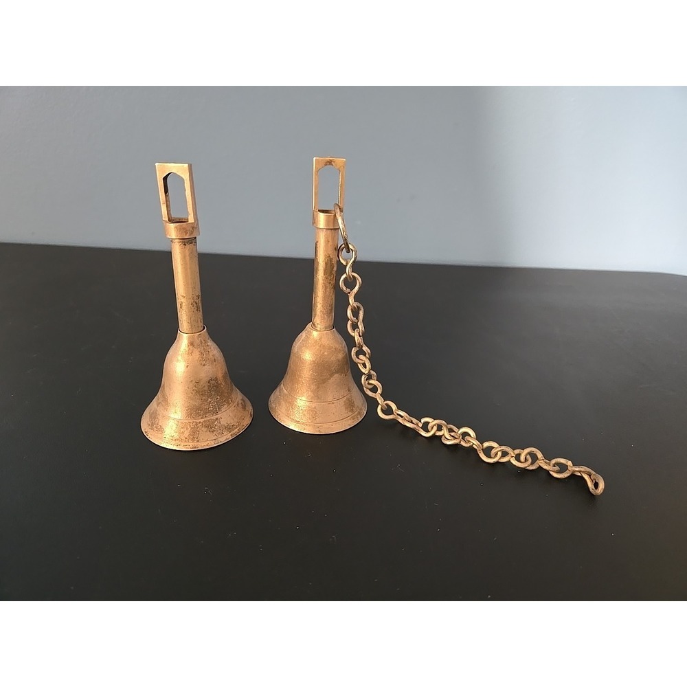 Vtg Silver Plated School Teacher Hand Bells Dinner Door shop long stick handle